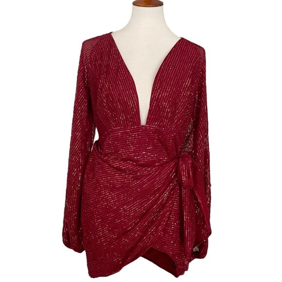 Asos Design Red Sequin Deep Plunge Drape Detail Skirt Mini Dress Women’s Size 8 - Picture 2 of 12